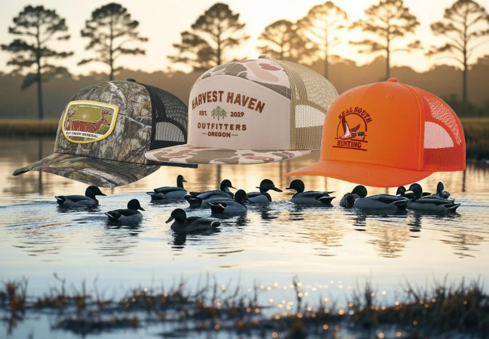 3 custom camo hats and ducks on a pond