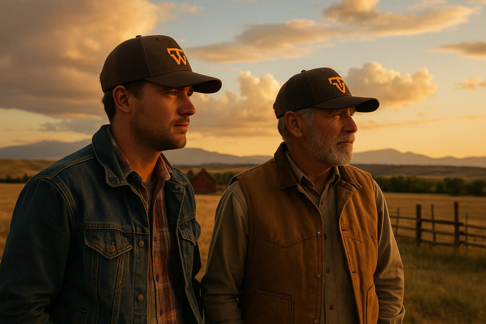 2 men wearing custom embroidered trucker caps