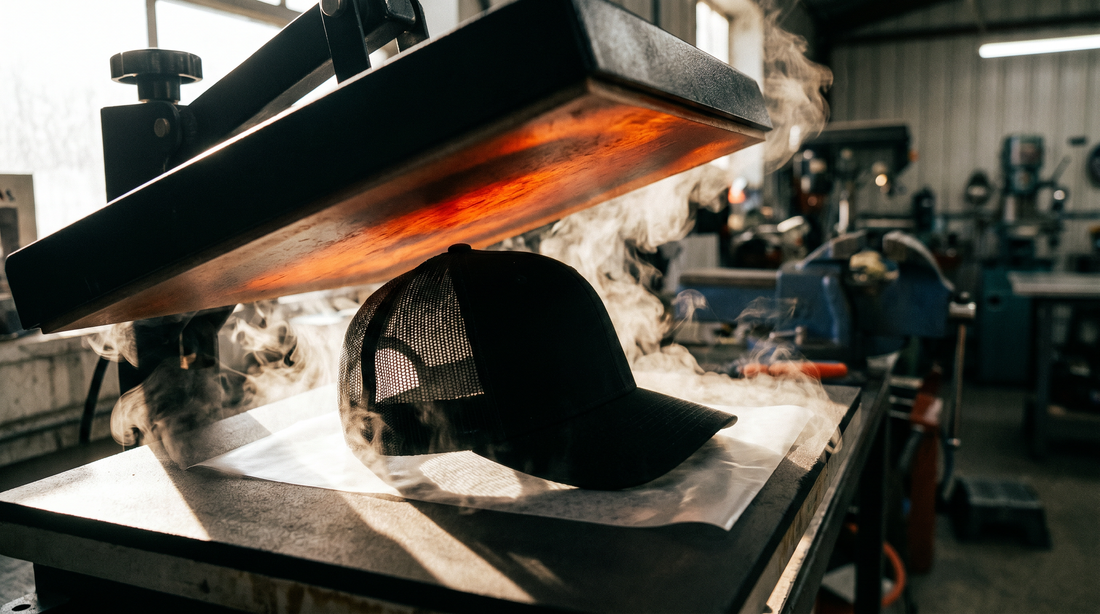 Commercial heat press applying a DTF transfer to a black trucker cap with steam rising and dramatic industrial lighting