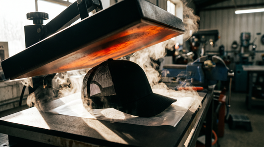 Commercial heat press applying a DTF transfer to a black trucker cap with steam rising and dramatic industrial lighting