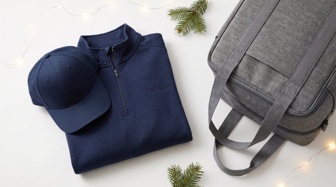 Flat lay of branded corporate holiday gifts including an embroidered quarter-zip pullover, a cap, and a cooler bag