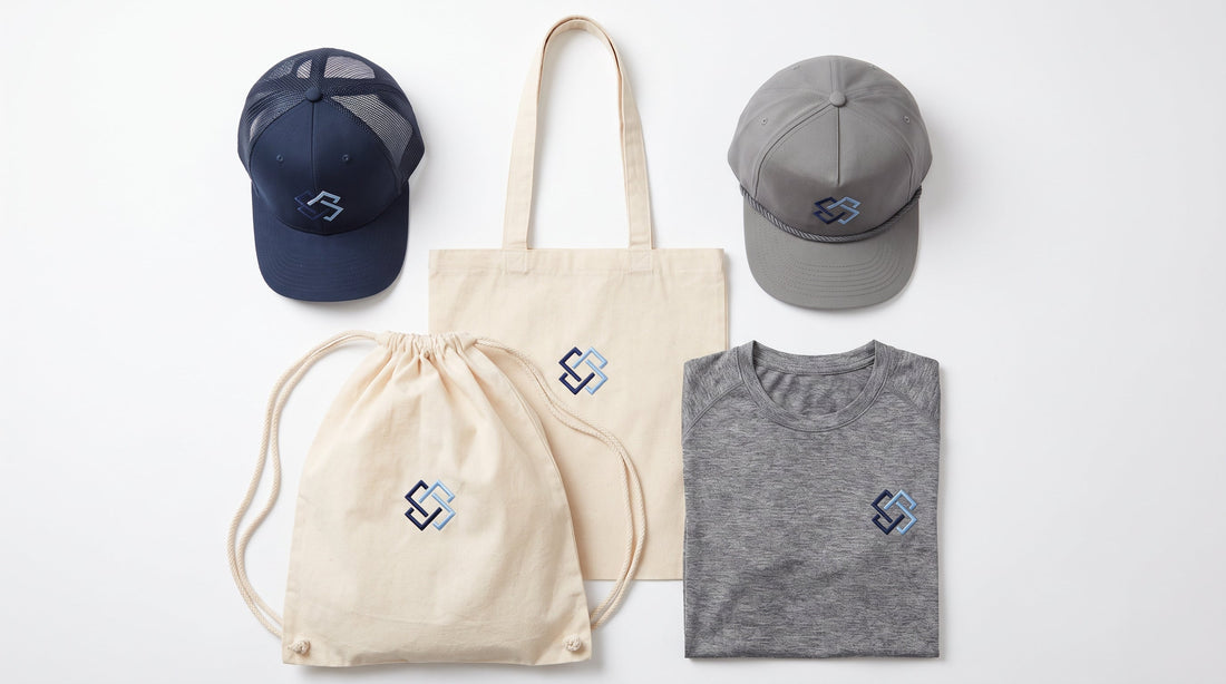 Flat lay of trade show giveaway products: embroidered trucker cap, rope cap, canvas tote bag, drawstring cinch bag, and folded performance t-shirt