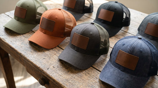 Premium leather patch trucker caps in earth-tone colorways arranged in a flat lay on rustic wood