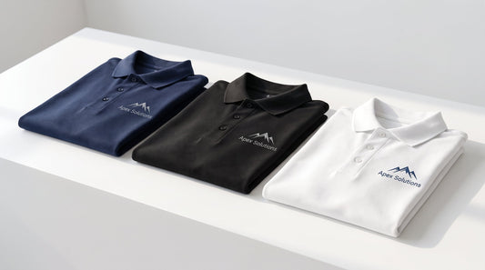 Custom embroidered polo shirts for business in navy, black, and white