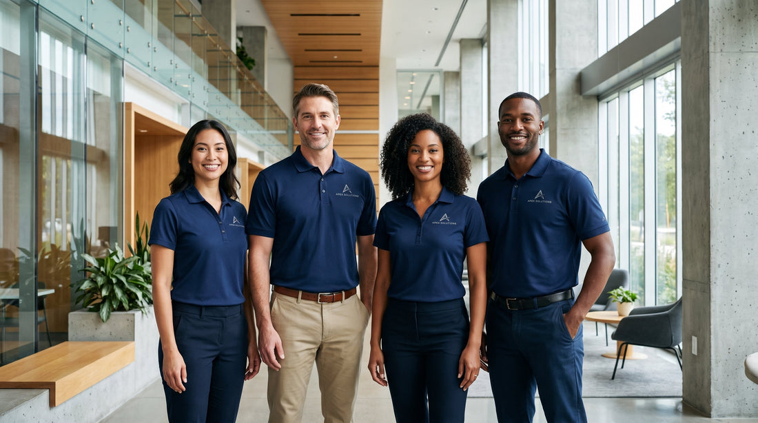 Business team wearing matching embroidered corporate polo shirts with company logo