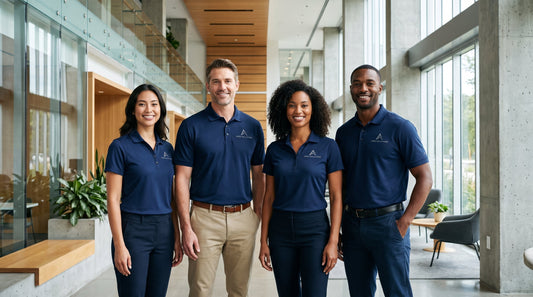 Business team wearing matching embroidered corporate polo shirts with company logo