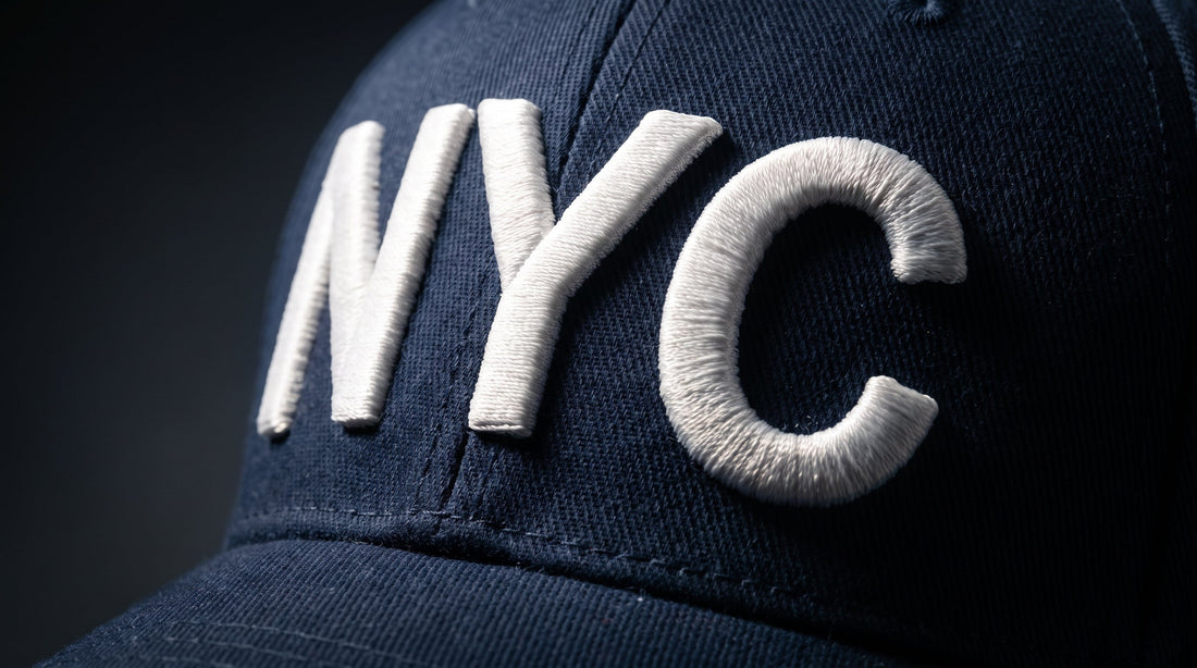 Close-up of 3D puff embroidery on a structured navy cap showing raised dimensional stitching