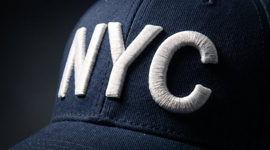 Close-up of 3D puff embroidery on a structured navy cap showing raised dimensional stitching