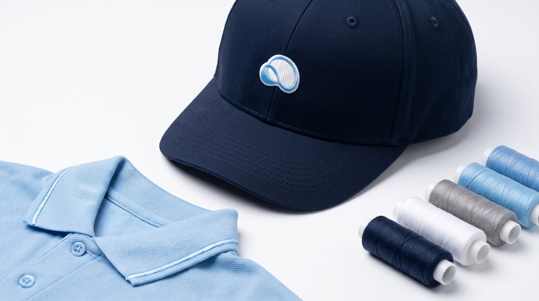 Navy embroidered cap and light blue embroidered polo collar with matching embroidery thread spools