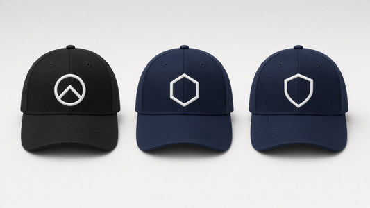 Flat lay of embroidered black and navy baseball caps on a light grey surface