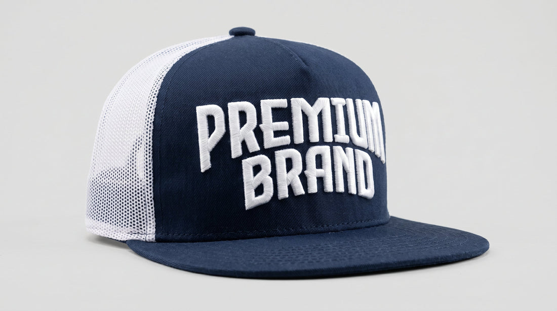 Structured flat-bill trucker cap with bold raised 3D puff embroidery on the front panel