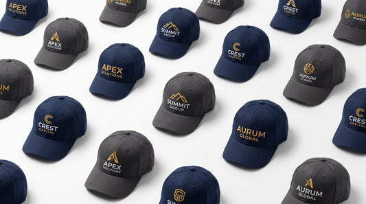 Custom embroidered business caps arranged as a professional flat lay for corporate branded headwear orders