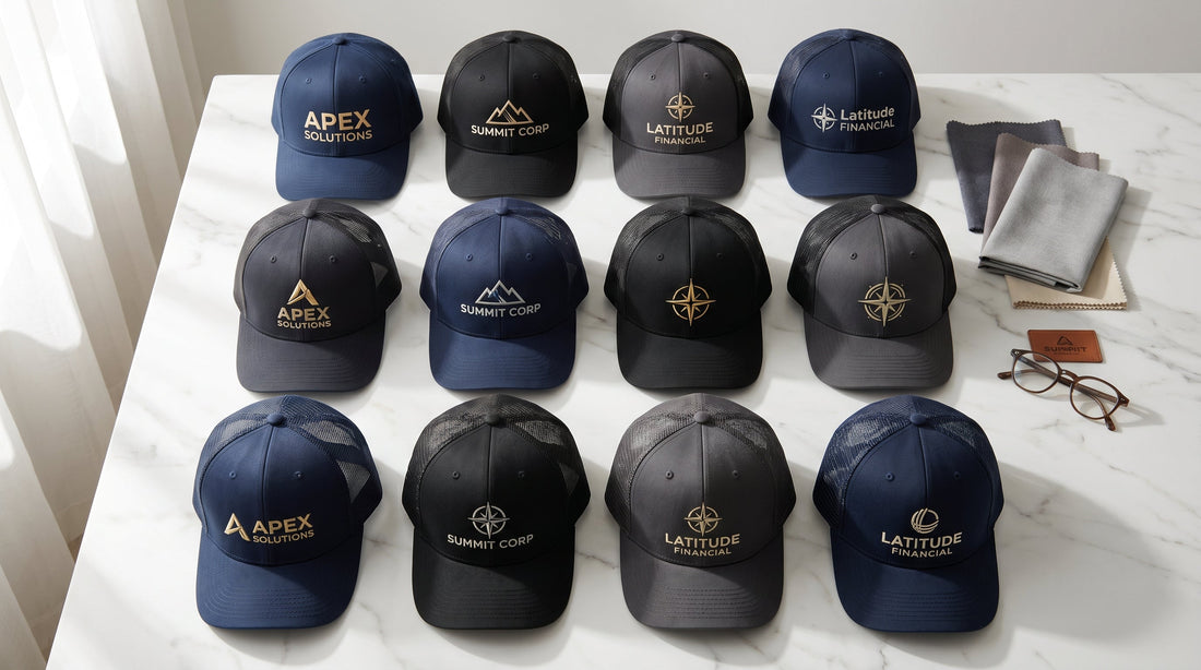 Custom embroidered business hats flat lay — branded caps for corporate and team use
