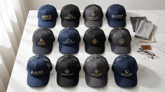 Custom embroidered business hats flat lay — branded caps for corporate and team use