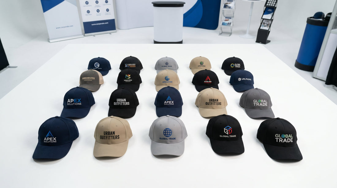 Assorted custom branded baseball caps and embroidered hats for trade shows and corporate events