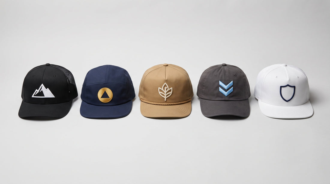 Five blank baseball cap styles laid out in a row - structured mesh trucker, five-panel, rope cap, unstructured dad cap and flat bill - showing the different logo areas available for custom hats with logo