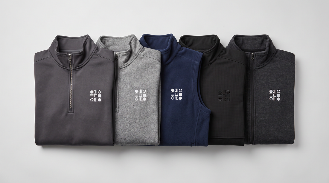 Five custom fleece garments for company logo programs - a soft shell quarter-zip, heather fleece quarter-zip, navy fleece vest, textured black pullover and dark heather full-zip fleece jacket, each with an embroidered left-chest emblem