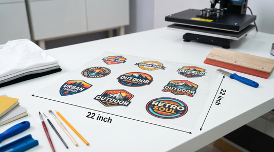 DTF gang sheet with multiple custom printed transfer designs laid out for bulk heat transfer printing