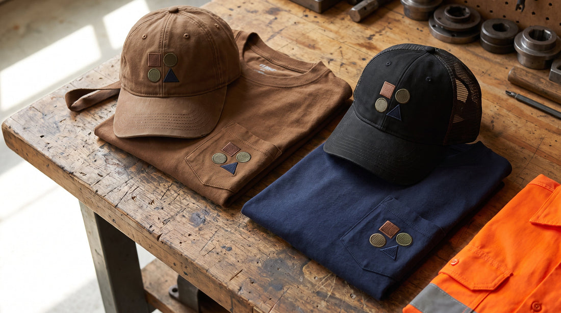 Custom Carhartt canvas caps and workwear pocket t-shirts with embroidered logos on a workbench