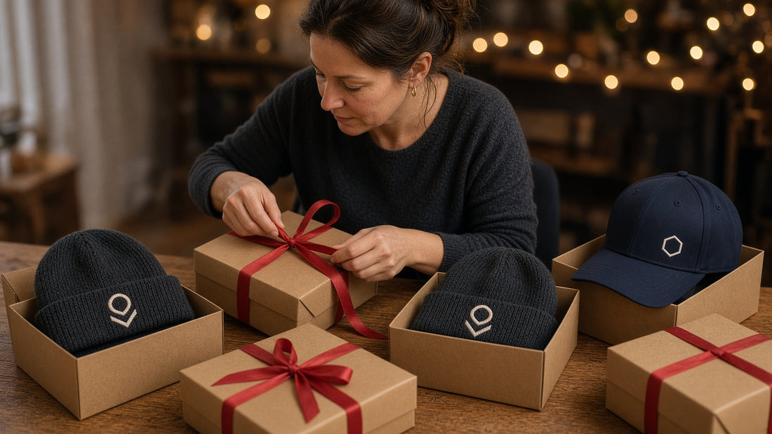Business owner wrapping holiday gift boxes holding embroidered charcoal beanies and a navy cap with simple geometric logos