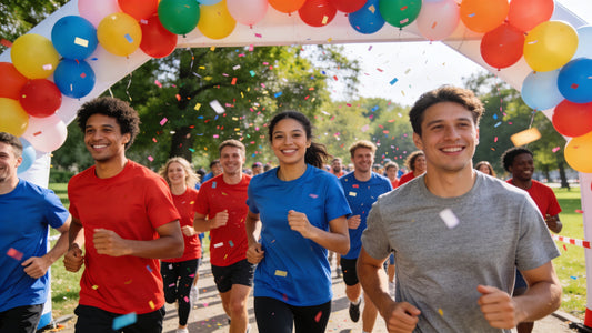 Group of people wearing custom screen-printed t-shirts running through a fun run finish line — branded event apparel in red, blue, and gray