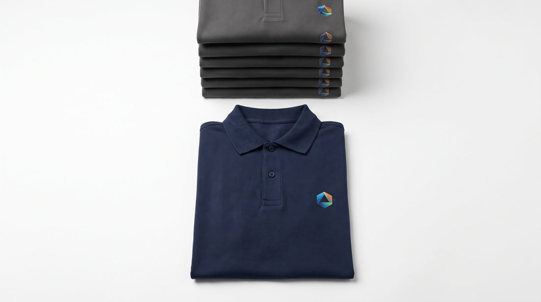 Custom polos with no minimum: one DTF printed navy polo in front of a stack of six embroidered polos