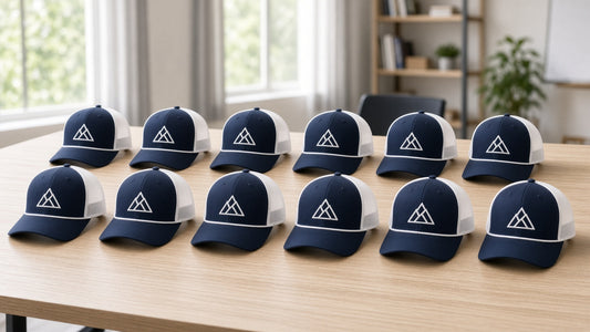 Twelve matching navy and white custom team hats arranged on a table