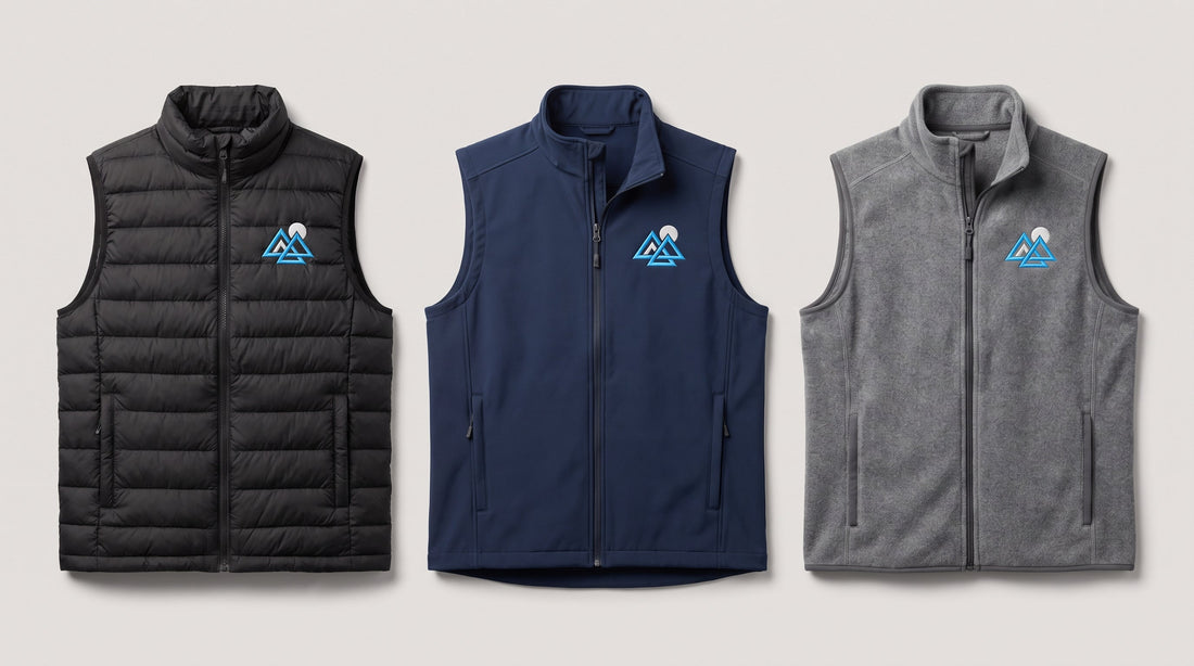 Custom vests with logo: black puffer, navy soft shell and grey fleece vests with an embroidered left-chest company logo