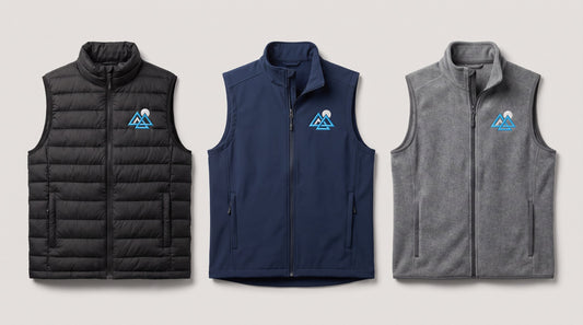 Custom vests with logo: black puffer, navy soft shell and grey fleece vests with an embroidered left-chest company logo