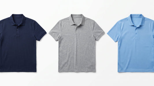Three business polo shirts showing pique, jersey, and performance knit textures side by side