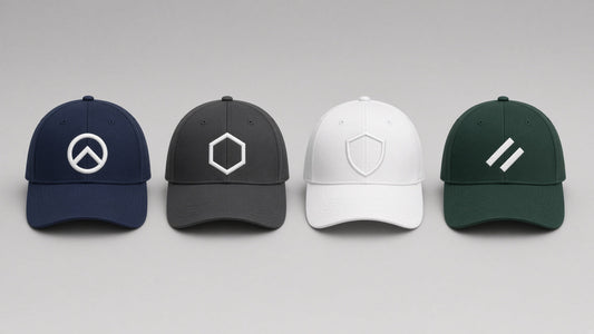 Four embroidered baseball caps in navy, charcoal, white and green, each with a simple geometric company logo