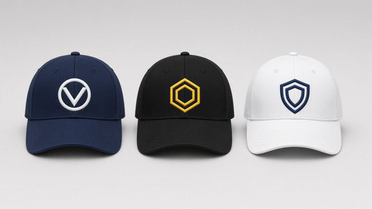 Navy, black and white embroidered caps, each with a simple geometric logo in a contrasting thread color