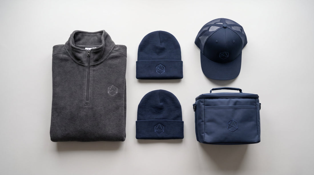 Flat lay of a charcoal fleece quarter-zip, two navy beanies, a navy trucker cap, and a navy cooler bag, each with a small embroidered emblem, arranged as an employee gift set
