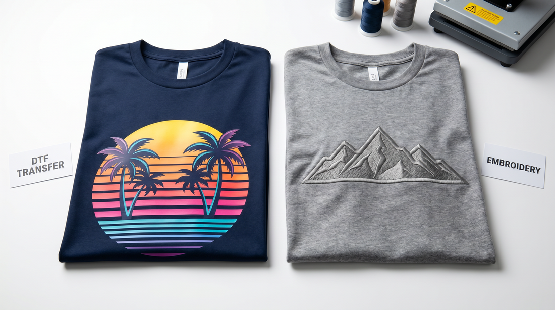 DTF heat transfer print vs embroidery side by side — comparison of two branded apparel decoration methods