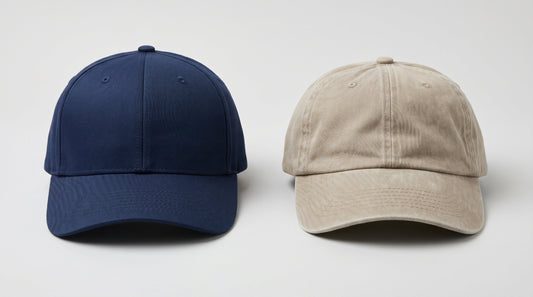 Structured baseball cap next to a soft unstructured dad hat, comparing the two hat styles for bulk branding