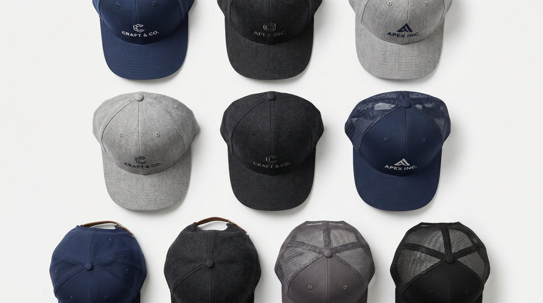 Wholesale embroidered caps for business — flat lay of custom trucker hats with embroidered logos