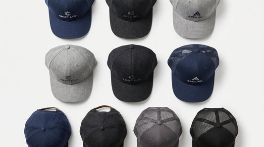 Wholesale embroidered caps for business — flat lay of custom trucker hats with embroidered logos
