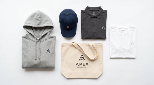 Complete branded apparel program featuring custom embroidered cap, polo shirt, tote bag, hoodie, and t-shirt