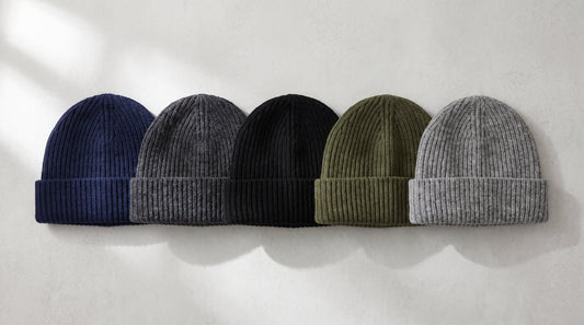 Flat lay of five folded cuffed knit beanies in navy, charcoal, black, army green and heather grey, ready for custom logo embroidery