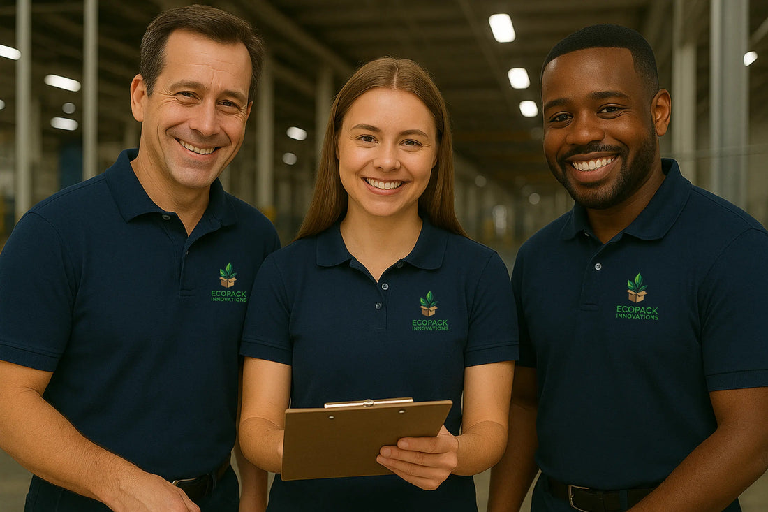 Small business employees wearing custom embroidered polos