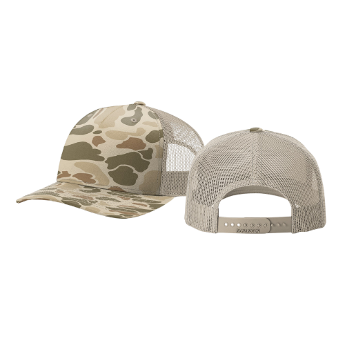 Richardson 112PFP printed five-panel flat-bill trucker cap with camo print, front and back views