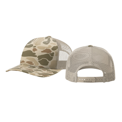 Richardson 112PFP printed five-panel flat-bill trucker cap with camo print, front and back views