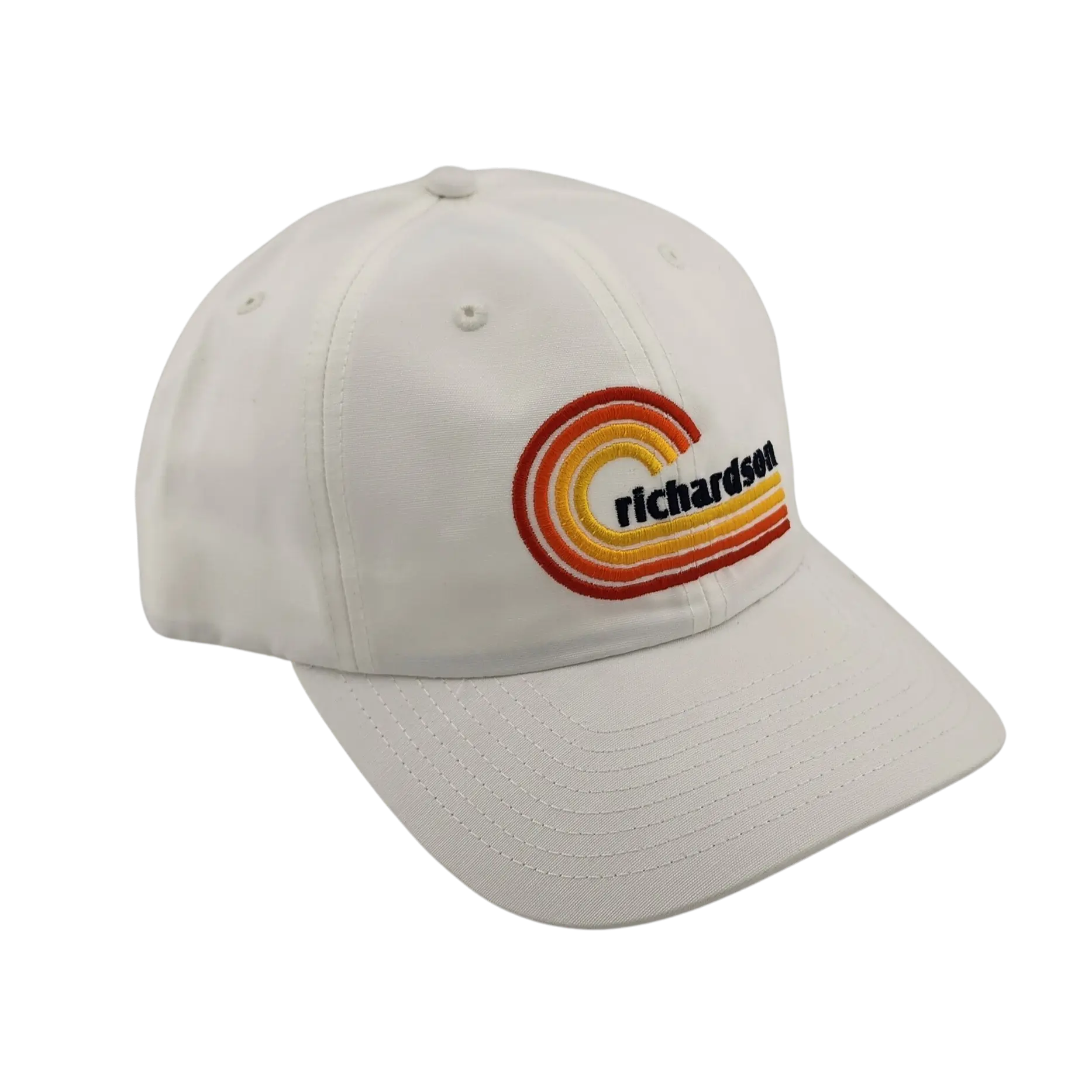 White cap with a colorful 'Richardson' logo on a white background