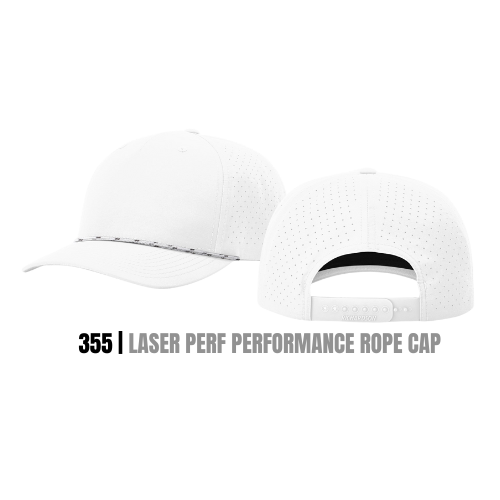 Richardson 355 performance rope cap with laser-perforated panels and paracord rope, front and back view