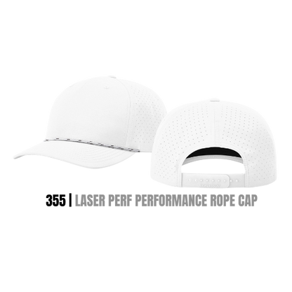 Richardson 355 performance rope cap with laser-perforated panels and paracord rope, front and back view