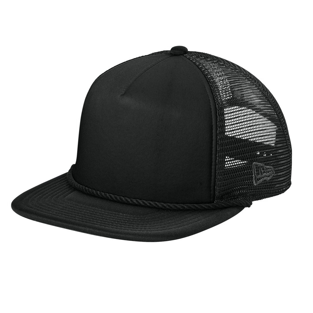 Black trucker cap with mesh back on a white background