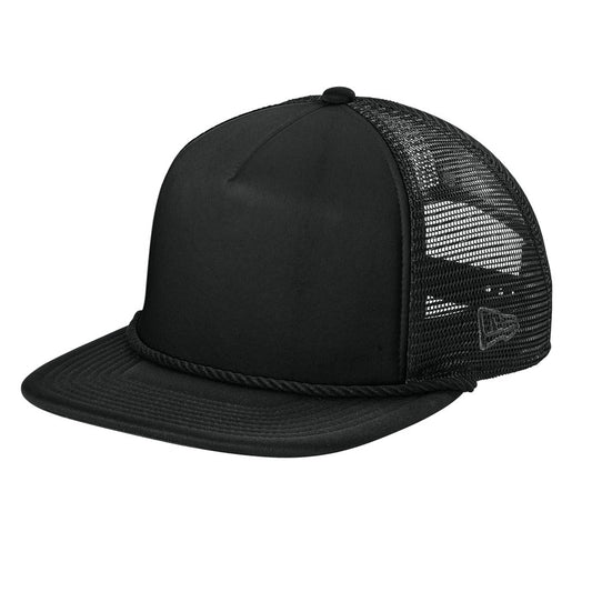 Black trucker cap with mesh back on a white background