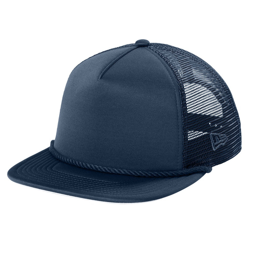 Navy blue trucker cap with mesh back on a white background