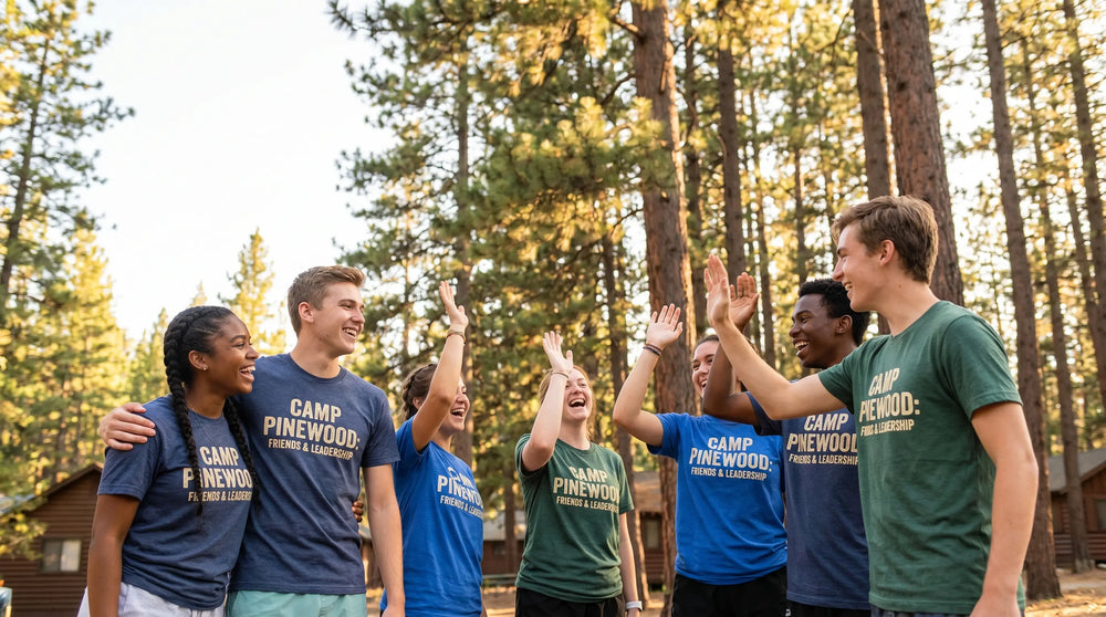 Group of camp counselors in blue and green shirts with 'Camp Pinewood' text, standing in a forest.