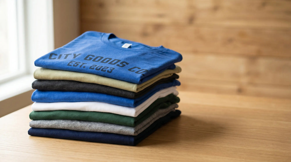 Stack of folded custom screen-printed t-shirts in coordinating colors, ready to ship from Houston, TX